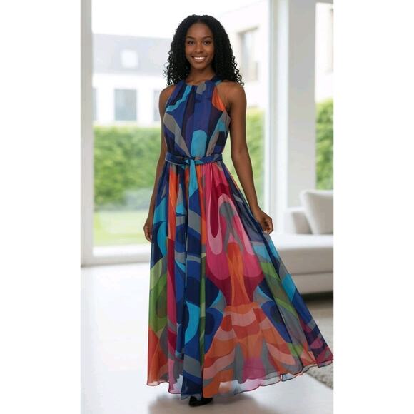 Soft Surroundings Carnival Tie Waist Multicolored Chiffon Maxi Long Dress | S - Picture 1 of 12